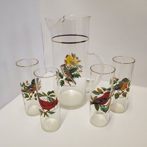 5 Piece Ice tea/water Pitcher set 4 glasses birds